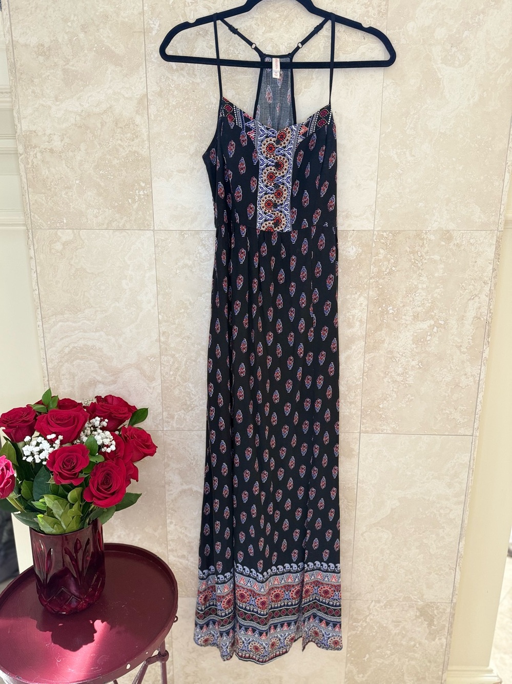 Boho Paisley Border Print Maxi Dress XS Festival Coastal Wedding Guest EUC